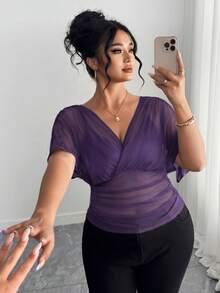 Elenzga Plus Size Women V-Neck Pleated Casual Versatile Daily Wear Blouse - Purple - View 3