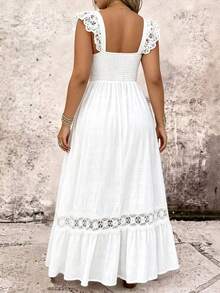 Breezaya Vestido de talla grande con dobladillo de volantes de encaje hidrosoluble y parches - Blanco - Ver 2