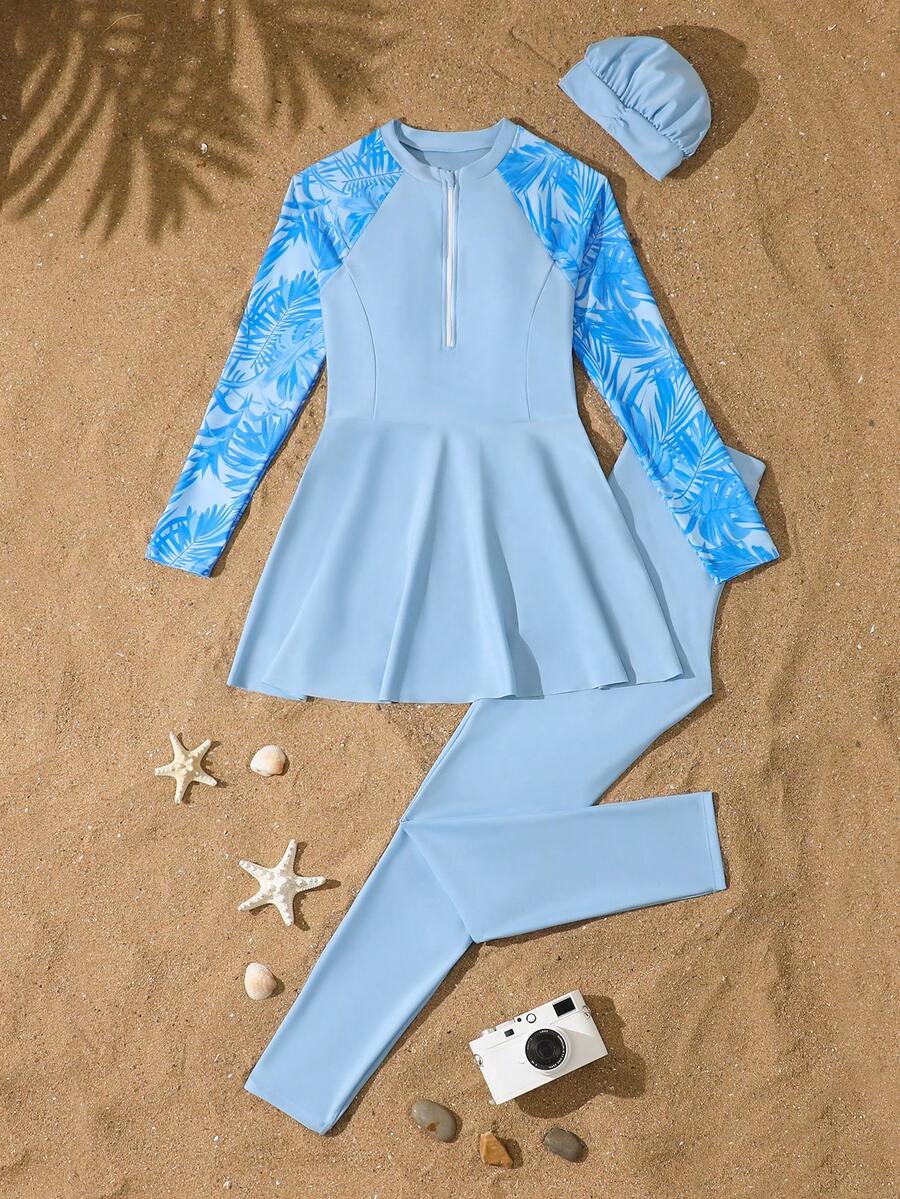 SHEIN 少女比基尼套装,浅蓝色拉链前开无袖比基尼上衣搭配纯色泳裤和裙子,长袖,三件套泳装,适合夏季度假、海滩、泳池、假日派对等场合。 - 藍色 - 查看 1