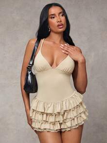 SHEIN BAE Women's Sexy Ruffled Hem Backless Halter Romper For Summer - Apricot - View 5