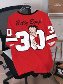 Betty Boop x SHEIN Áo thun nam tay ngắn cổ tròn in chữ, kiểu dáng thường ngày. - trắng - Xem 2