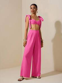 Zivah Bộ đồ đi biển mùa xuân hè mới, kiểu dáng thường ngày, áo crop top cổ trái tim buộc dây vai và quần ống rộng, màu mơ, chất liệu vải có họa tiết. - Màu Hồng Tươi - Xem 5