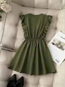 Pariaura Vintage Brown Ruffled Full-Width Design Dress / Waist-Cinching Slim Mini Dress / Elegant & Sweet - Army Green - View 2