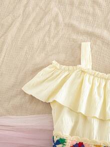 SHEIN Đầm trễ vai xếp ly họa tiết hoa móc len cho bé gái tuổi teen - Màu be - Xem 5