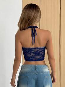 SHEIN EZwear 女士纯色藏蓝色蕾丝拼接露背休闲吊带衫 - 藏蓝色 - 查看 2