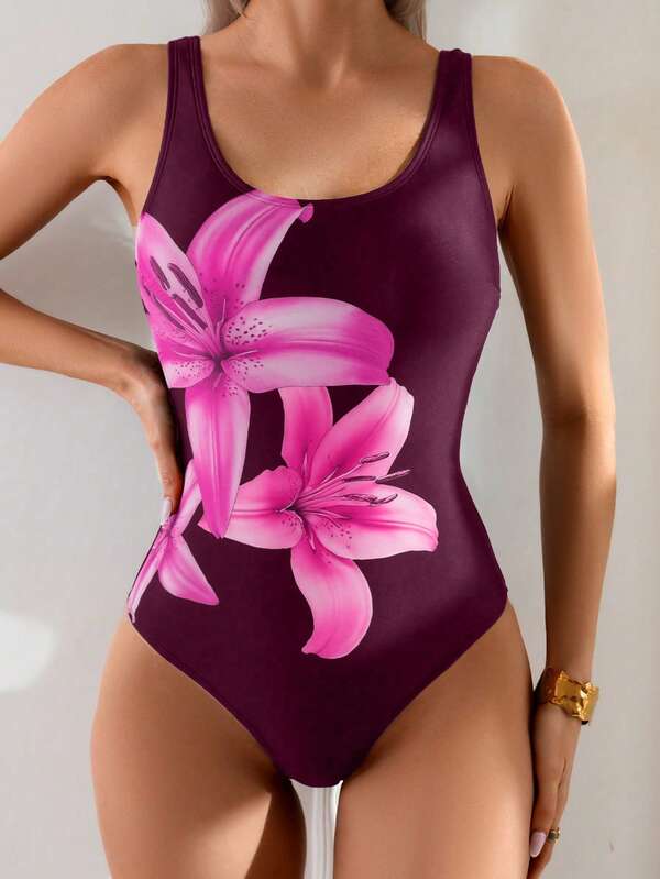 Swim Basics Baju Renang Terusan Tanpa Punggung Motif Bunga Seksi untuk Wanita, Cocok untuk Musim Panas