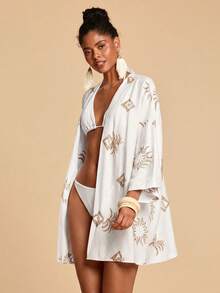 Travachic Women's Vacation Plant Pattern Loose Fit Long Sleeve Kimono Cover Up - White - View 5
