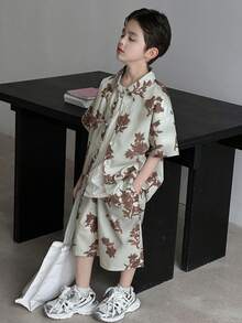 Dazy Kids 超大号衬衫领印花酷炫套装，适合青少年男孩夏季穿着 - 淺灰色 - 查看 6