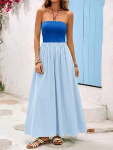 Vivid Eden Women's Casual Elegant Romantic Daily Vacation Colorblock Dress, Strapless Dress, Women's Blue Dress & Green Dress, Spring/Summer,Dresses For Women Summer - Blue - View 7