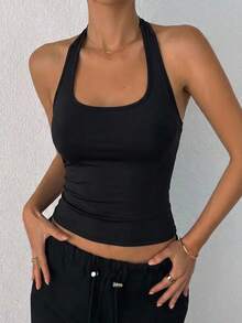 DAZY Women's Backless Halter Neck Fitted Tank Top Halter Top - Black - View 3