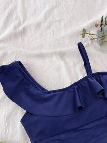 SHEIN 少女网纱拼接荷叶边连体泳衣，适合海滩度假、泳池派对、沙滩派对 - 藏蓝色 - 查看 3