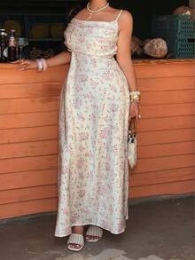 Sunnyshic Vestido elegante de satén con estampado floral para mujer, adecuado para la oficina, uso casual, vacaciones, té romántico, fiesta en la playa, espalda descubierta, corte evasé, longitud larga - Rosa - Ver 4