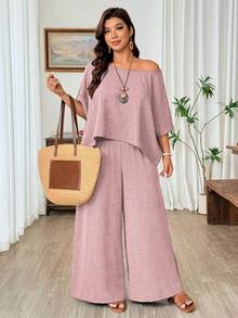 Weeklong Bộ đồ 2 mảnh dành cho nữ cỡ lớn: Áo hai dây lệch vai và quần ống rộng, trang phục thường ngày thoải mái cho kỳ nghỉ, mùa xuân/hè. - Bụi hồng - Xem 5