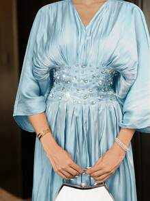 Modelyn New Arrival Waist Ruched Elegant Rhinestone Decor Romantic Luxurious Banquet Light Formal Dress, Graceful - Baby Blue - View 4