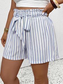 SHEIN Frenchy Plus Size Casual Striped Waist Pocket Shorts - Blue - View 4