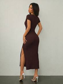 SHEIN Tall Marrón oscuro,Verano,Elegante,Vestido midi sin mangas con abertura alta y cintura retorcida elegante para citas,Atuendo casual texturizado ajustado para mujer invitada a boda y oficina,Mujeres altas - Marrón - Ver 2