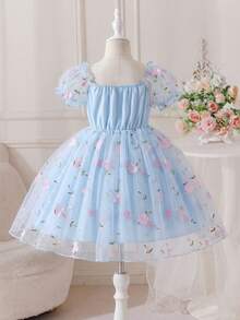 SHEIN Glamorique Kids 年轻女孩优雅迷人粉色可爱泡泡袖收腰奢华双层刺绣网纱蓬蓬裙正式礼服 - 藍色 - 查看 3