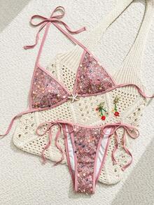 Bonvoyette Summer New Solid Color Champagne Sequin Embroidery Sexy High Cut Side Tie Bikini Two Pieces Swimwear Set, Suitable For Party, Afternoon Tea, Gathering - Multicolor - View 2