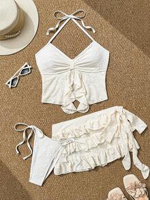 SHEIN Swim Neuer Frühling/Sommer weiß strukturierter Blume Muster Volant Saum Rock, süße Influencer Mode Strand Resort 3 Stücke Damen Bikini Set - Aprikosenfarben - Übersicht 1