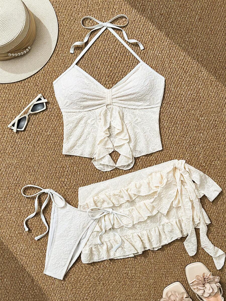SHEIN Swim Neuer Frühling/Sommer weiß strukturierter Blume Muster Volant Saum Rock, süße Influencer Mode Strand Resort 3 Stücke Damen Bikini Set - Aprikosenfarben - Übersicht 1
