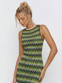 Avantive Women's Summer Beach Vacation Colorblock Zigzag Print Sleeveless Fitted Mini Dress - Multicolor - View 3