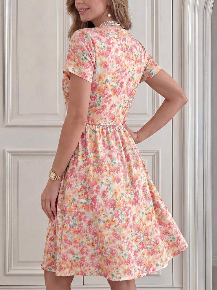 Ladies' Summer Round Neck Floral Print A-Line Short Elegant Dress Summer Dresses For Women Vacation Outfits Woman Country Concert Outfit Casual Dresses For Woman,Summer Dress,Festival Outfits For Women,Going Out Dress,Elegant Dresses For Women, Vacation Outfits Women,Vacation Dresses,Floral Dress