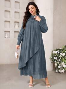 Veilorie Vestido elegante de manga larga con decoración de perlas falsas de unicolor talla grande - Azul - View 6
