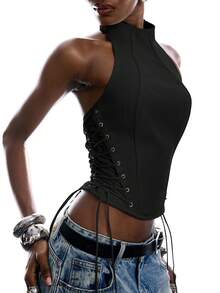 LYSMO 2026新款简约纯色系带露背休闲无袖上衣，适合约会和外出穿着，黑色 - 黑色 - 查看 6