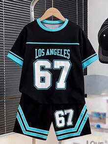 SHEIN 青少年男孩 2件組休閒黑色夏季街頭風棒球運動風 67號哥德風 Chicago 文字星星印花短袖T恤與短褲套裝 - 彩色 - 查看 7