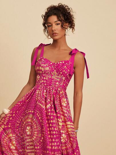 Travachic Vestido de tirantes con nudo en el hombro y cintura con lazo, estampado completo, para vacaciones de verano de mujer