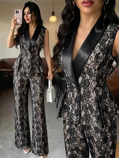 Elenzga Women's Vintage Elegant Sleeveless Lace Composite Fabric Cropped Top And Long Pants 2-Piece Set, Suitable For Commuting, Daily Wear, Office, Shopping, Party, Music Festival And Other Occasions, Spring/Summer