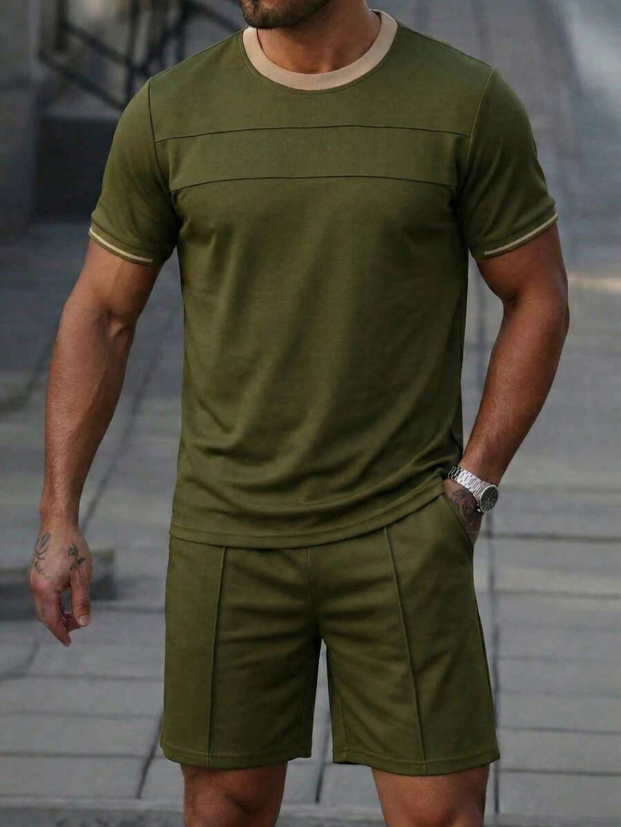Manfinity Homme 新款春夏男士户外休闲运动套装,面料柔软舒适,可机洗,适合健身、户外活动和日常休闲穿着,是送给男士的绝佳生日礼物。 - 軍綠色 - 查看 1