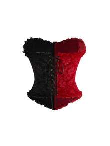 ROMWE Áo croptop kiểu corset màu đỏ và đen họa tiết jacquard phong cách Gothic với tay áo loe ren. - Nhiều màu - Xem 2