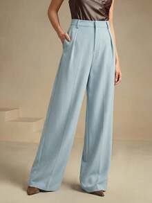Anewsta Petite Elegant Fashion Design Pleated Sky Blue Women's Suit Pants With Pockets Solid Color Straight Leg Petite Pants, Summer Work Outfits For Women Office Outfits For Women - Blue - View 4