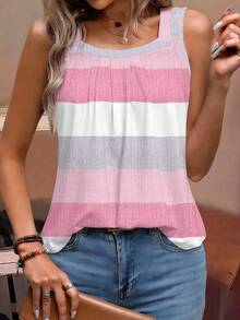 EMERY ROSE Blusa informal de mujer talla grande con estampado gráfico de bloques de color, camiseta de rayas tipo chaleco - Multicolor - Ver 4