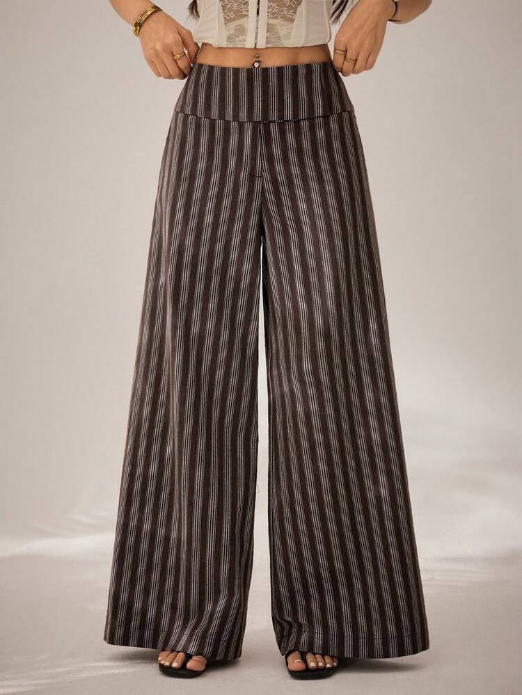 SHEIN PETITE Striped Low Rise And Wide Leg Wide Wrap Waistband Pants Brown Pants Summer Pants Stripe Pants Beach Pants Casual For Women - Brown - View 6