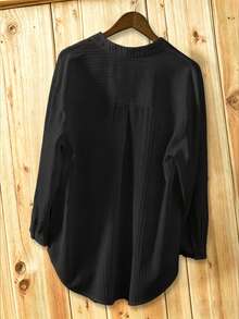 EMERY ROSE Embroidered Collar White Striped Blouse, Loose Casual 3/4 Sleeve Textured Women Top - Black - View 2