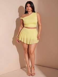 SHEIN BAE Set de 2 piezas para mujer de talla grande con top asimétrico con cuello verde oliva y volantes, y falda ajustada con volantes, conjunto para vacaciones - Amarillo claro - Ver 5