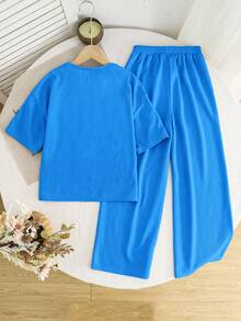 SHEIN Setelan 2 Potong untuk Anak Perempuan Remaja: Kaos Lengan Pendek Leher Bulat dan Celana Panjang, Kasual, Longgar, dan Nyaman - Biru - View 8