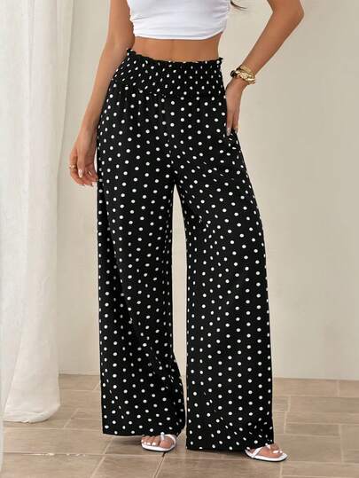 SHEIN PETITE Women's Casual Loose Polka Dot Print Wide Leg Pants