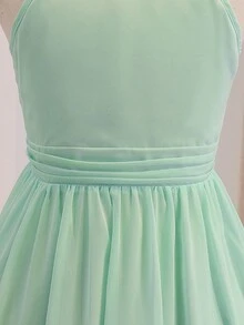 Tween Girls' Chiffon Halter Backless High-Low Formal Elegant Dress, Mint Green Summer Bridesmaid Wedding Guest Banquet Birthday Party Outfit - Green - View 7