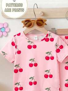 1 Set Girls Toddler Cute Cherry Fruit Print Short Sleeve Round Neck T-Shirt And Flare Pants Outfit, Suitable For Summer Outings, Pink Sweet - Multicolor - View 3