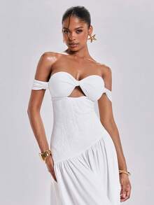 ROMWE Y2K Romantic Sexy White Waist Lace Off-Shoulder Hollow-Out Front Midi Dress For Summer Wedding Vacation - White - View 12