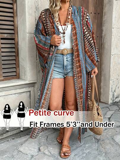 SHEIN PETITE CURVE 大码女式短款新款优雅多色条纹波西米亚风彩色佩斯利图案开襟长袖长款开衫外套