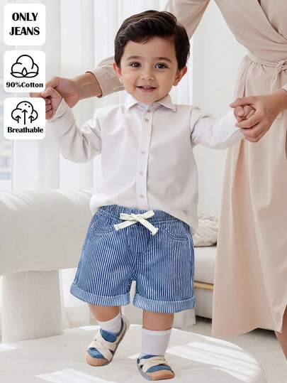 SHEIN Baby Boy Loose Cuffed Denim Shorts, Blue & White Striped Summer Outfits Festival Festa Junina Beach Graduation Casual