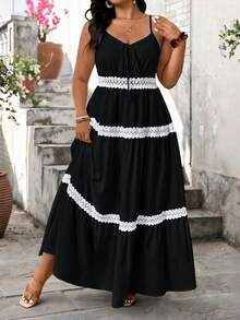 Tall Vestido sin mangas con cuello en V para mujer talla grande, versátil y de moda con ribete de encaje, de alta calidad y estilizador, adecuado para primavera/verano, uso casual y vacaciones - Negro - Ver 4