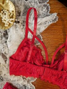 SHEIN 2pcs/Set Lace Underwire Bra Set For Women - Red - View 5