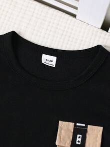 SHEIN Playful Pals Baby Boy Casual Fashion Street Daily Commute Letter Webbing Patchwork Flap Pocket Short Sleeve T-Shirt And Jogger Pants Set, Spring/Summer/Autumn - Beige - View 5