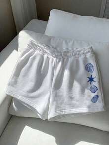 Comfortcana Quần short cạp trung dáng rộng, chất liệu 75% cotton, họa tiết sinh vật biển màu xanh dương với vỏ sò và sao biển, thích hợp cho mùa xuân/hè, đi nghỉ mát, ở nhà, đa năng. - Nhiều màu - Xem 9