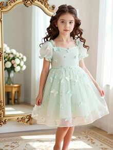 SHEIN Glamorique Kids 小女孩公主裙，3D蝴蝶花朵网纱裙，绿色薄纱裙，泡泡袖，生日派对，婚礼节日正式礼服 - 綠色 - 查看 11